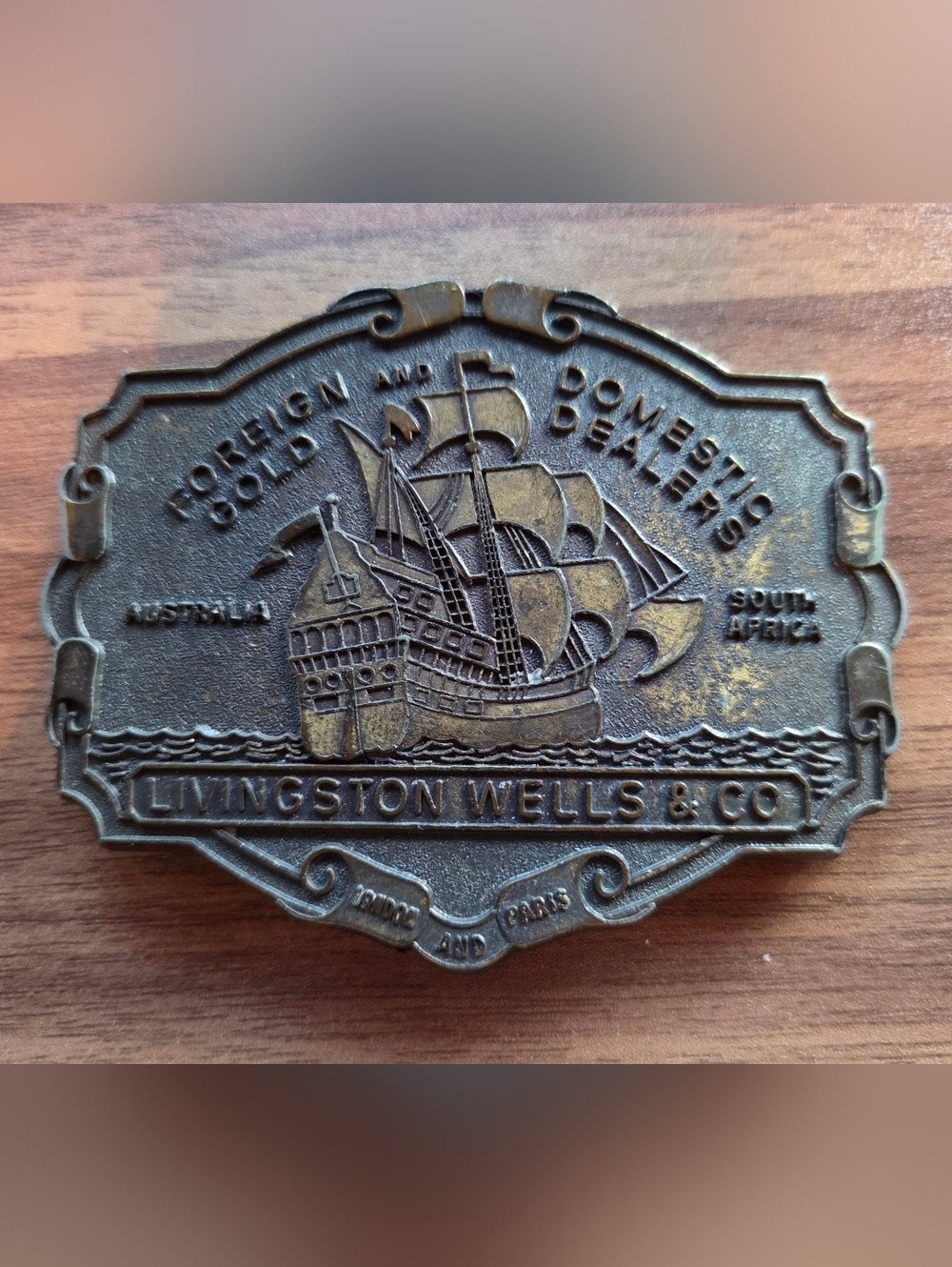 Vtg Livingston Wells & Co Gold Domestic Dealers Pirate Ship Belt Buckle London